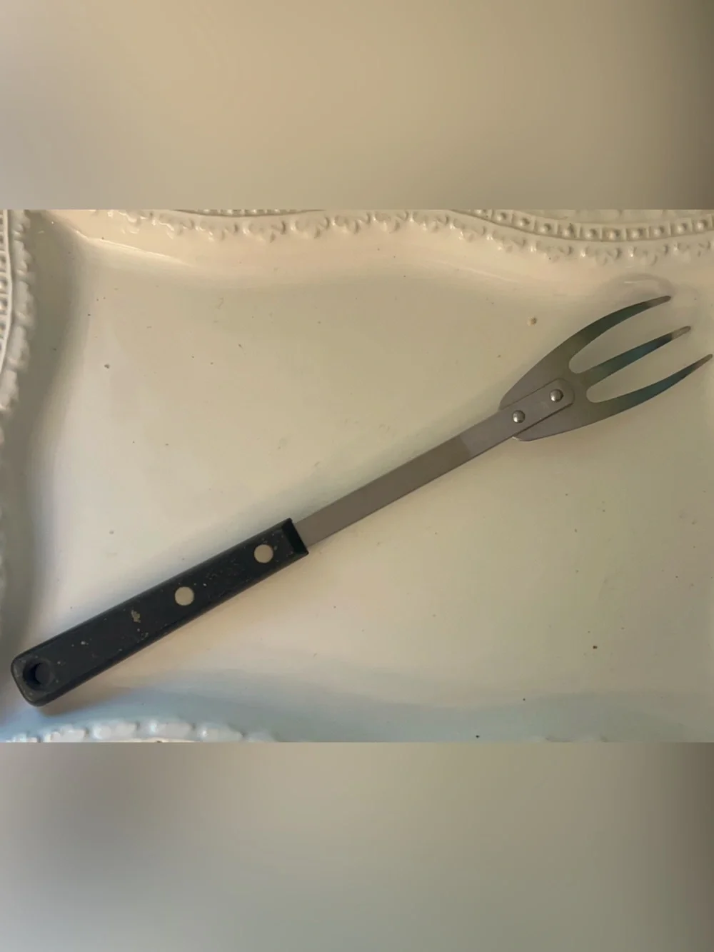 Vintage Ekco Forge Stainless Steel Meat Serving Fork black handle 11.5 inches